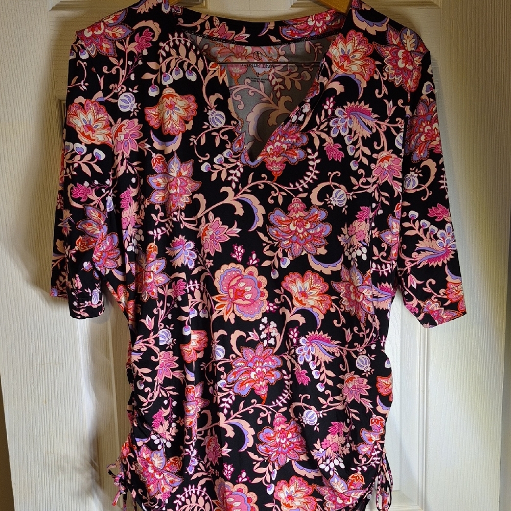 Lands' End Black Floral V-Neck Swim Shirt